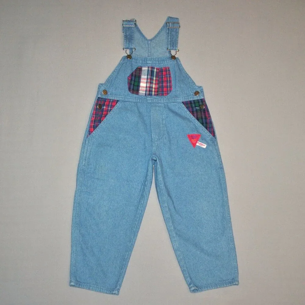 Vintage OshKosh B'gosh Girls Overalls Size 4 Blue Denim w/ Patchwork Plaid